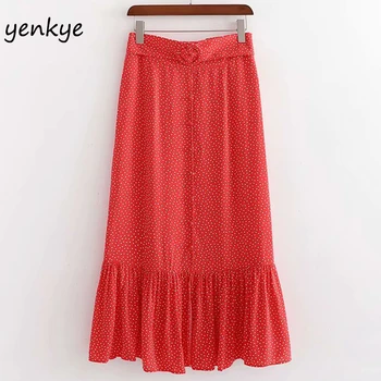 

With Belt Polka Dot Skirt Women High Waist Hem Ruffle A-line Long Skirt faldas mujer Holiday Boho Summer Red Skirt XDWM2979　
