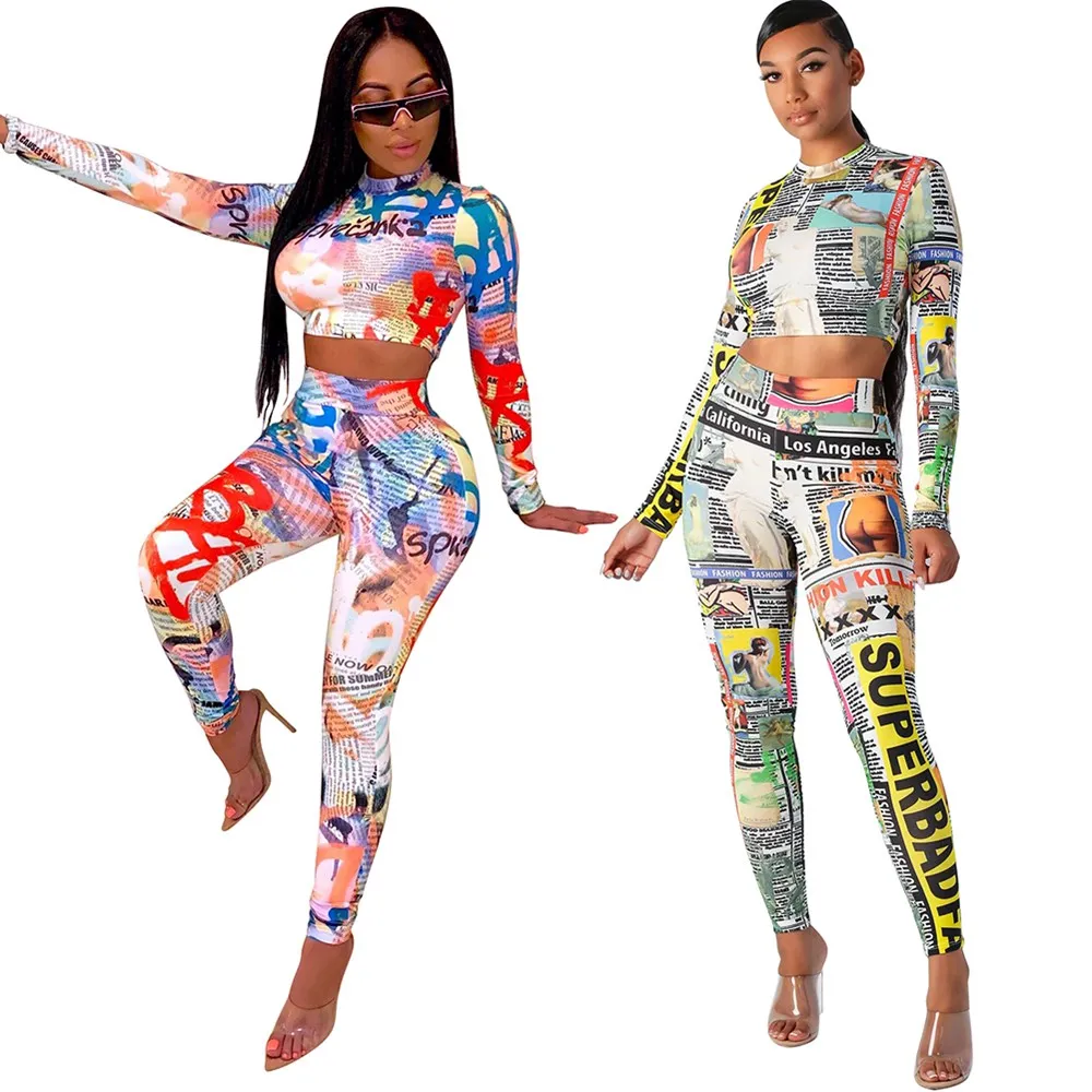 

OEAK 2019 Women New Autumn Sport Pencil Casual Printed Sets Women Set Full Sleeve Long Pants Fashion Women 2 Piece Set