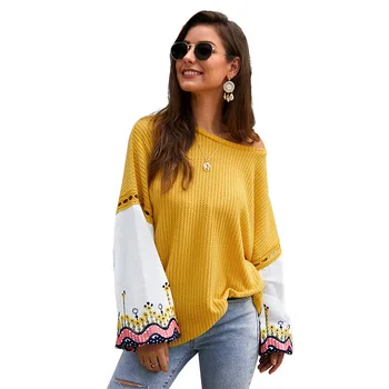 

Women Autumn Winter Fashion Stitching Colour-impact Sweater Casual Loose O-Neck Sweater