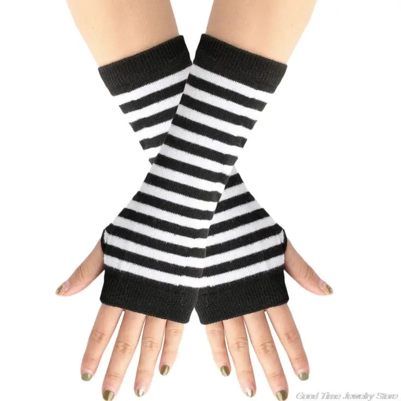 Stretchy Arm Warmers Soft Striped Mitten Fingerless Gloves With Thumb