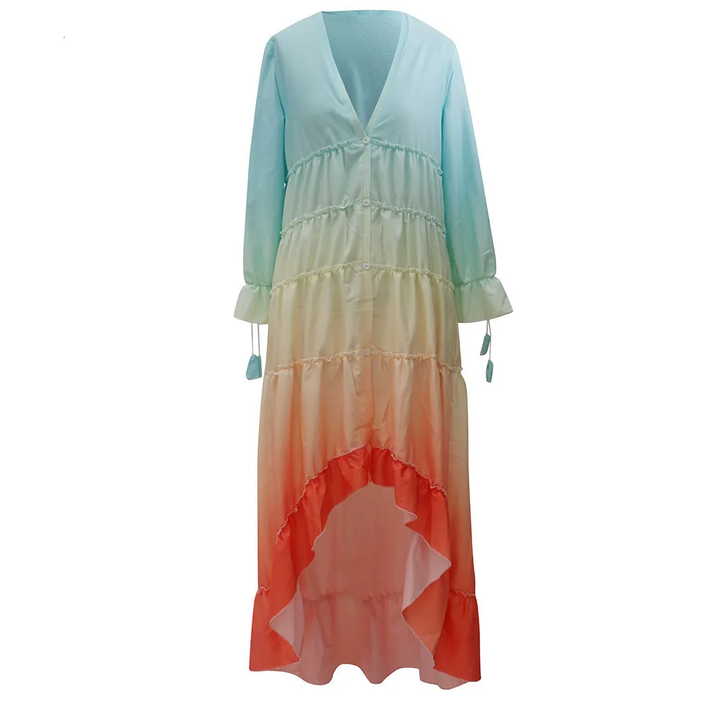 Boho Vrouwen gradiёnt V hals Button Vouw Losse Lange Jurk сексуальные женские пляжные вечерние платья