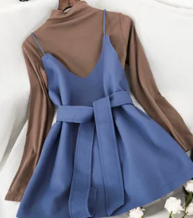 brown blue Amolapha, Женская Однотонная футболка+ верх с лямками, наборы, женская модная длинная футболка, джемперы, 2 штуки, костюмы, наряд - Цвет: brown blue