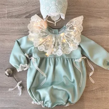 

EnkeliBB Luxury Spanish Royal Style Baby Girl Jumpsuit Green Lace Collar Summer Romper Newborn Gift Toddler Girl Sister Matching