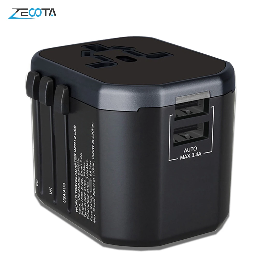 

International Travel Adaptor Wall Electrical Power Plug Adapter Worldwide Universal Outlets Sockets with USB Charging Ports 3.4A