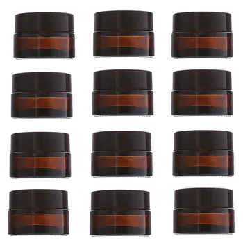 

12pcs 20g Amber Glass Cream Jars Cosmetic Packaging with lid black plastic caps & inner liners round empty small glass jar pot