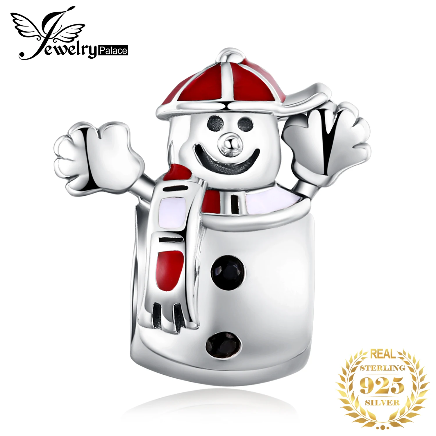 

JewelryPalace Happy Winter Black Cubic Zirconia Red Enamel Snowman Bead Charm Fit Bracelets 925 Sterling Silver Bead DIY