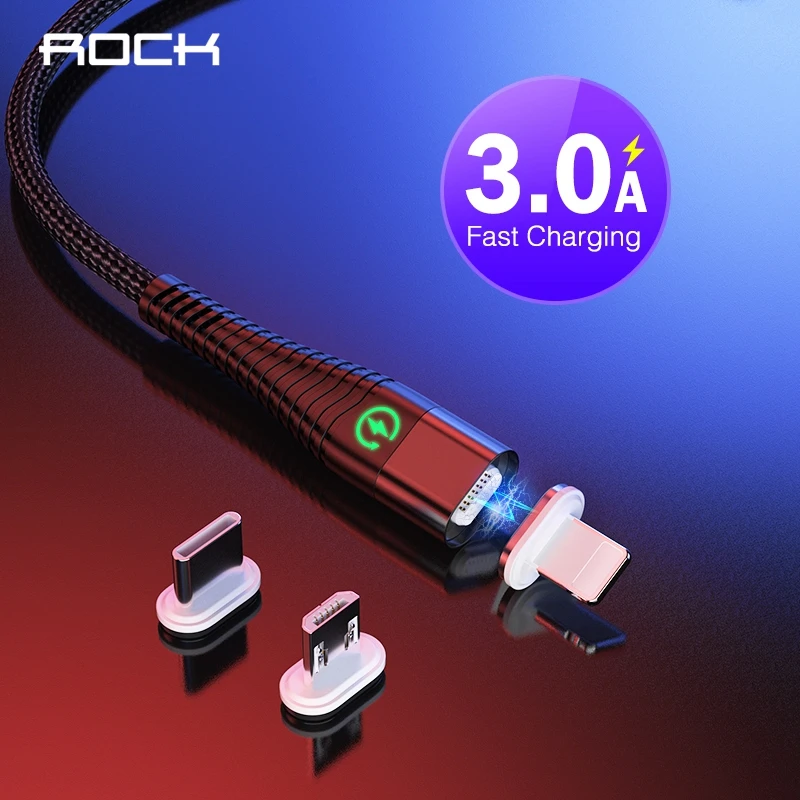 Магнитный USB кабель ROCK светодиодный светильник Micro usb type-C кабель для iPhone XS X Быстрая зарядка usb type C зарядный провод шнур для samsung