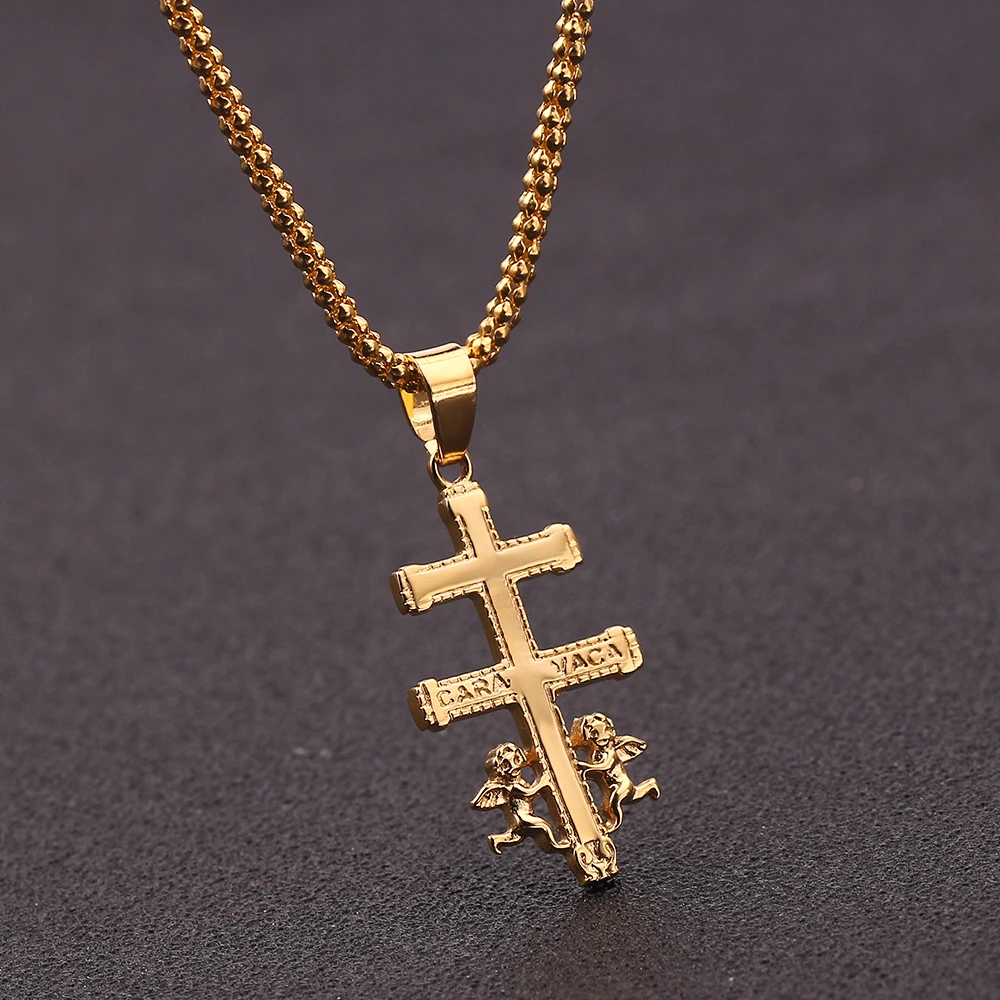Золотого цвета, католический Каравака, распятие, ортодоксальный крест, кулон, ожерелье, Херувим, ангел, лучшее христианское ожерелье для мужчин и женщин
