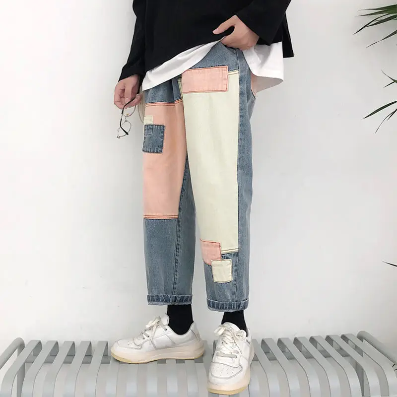 

Straight Jeans Men's Fashion Washed Casual Retro Ripped Patch Jeans Trousers Men Streetwear Wild Loose Hip Hop Denim Pants Mens