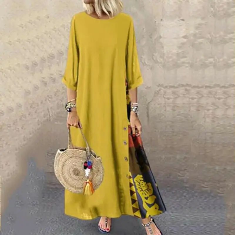 Boho женское платье с коротким рукавом и круглым вырезом с цветочным принтом в стиле печворк свободное женское длинное Макси-кафтан платье большого размера M-5XL