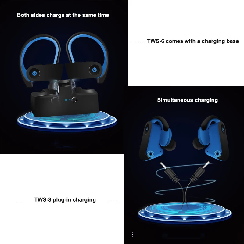 TWS 3 6 Wireless earphone Bluetooth Headset Sports Ear Hook Wireless Headphones Earbuds with charging bin volume control
