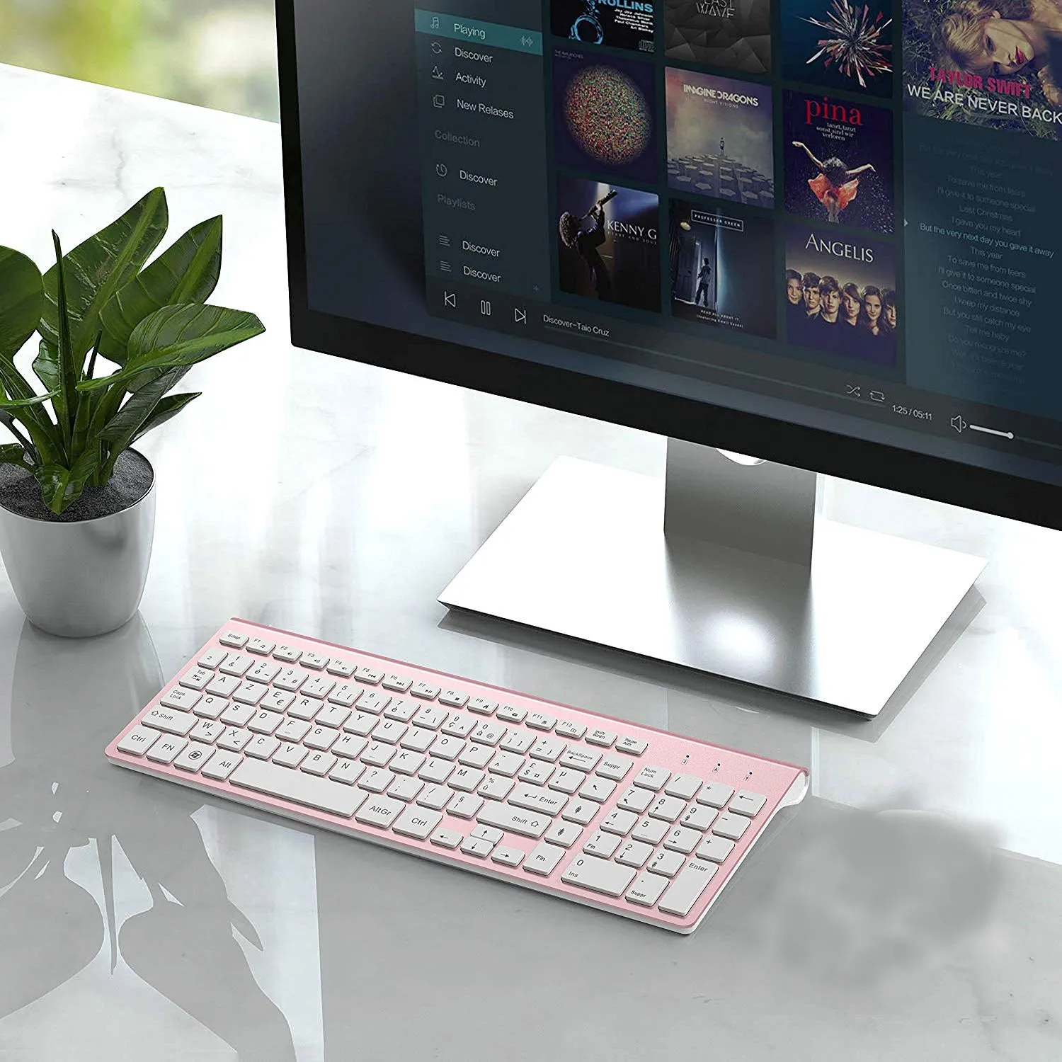 무선 키보드(AZERTY) 2.4G USB 초박형 키보드, PC 노트북용 휴대용 무음 인체공학적 프랑스어 키보드-핑크/그레이/실버