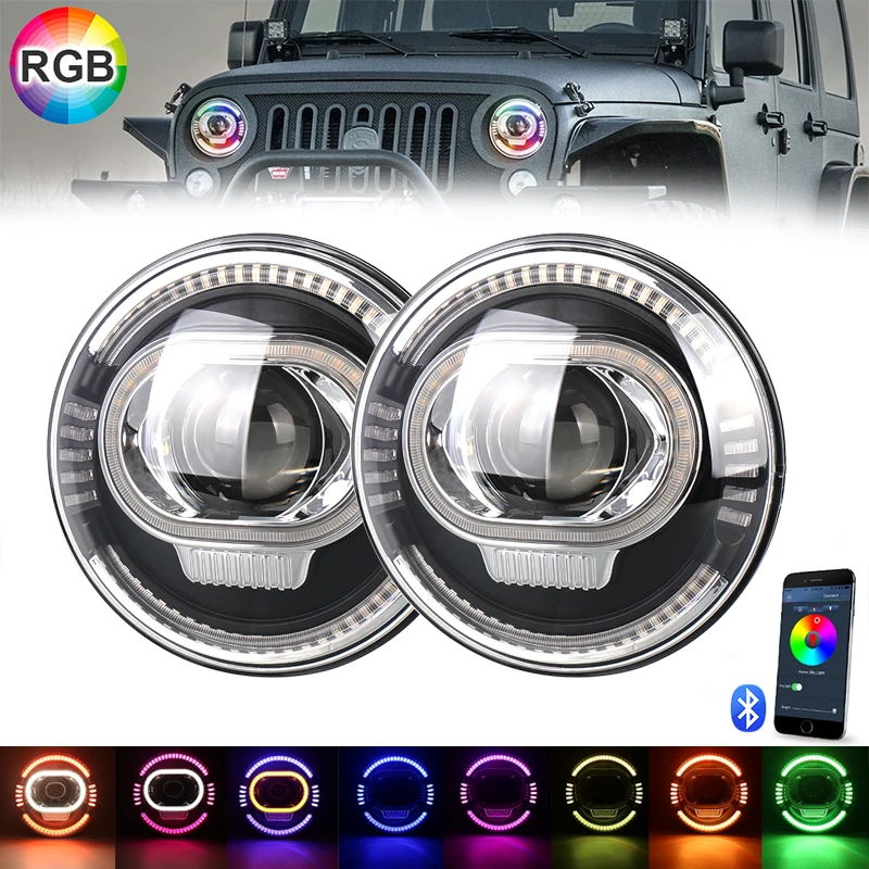 Car Accessories 7 Inch LED Round Headlights RGB Halo High Low Beam Led Lamp Amber Turn Single For Jeep Wrangler Jk. | Автомобили и