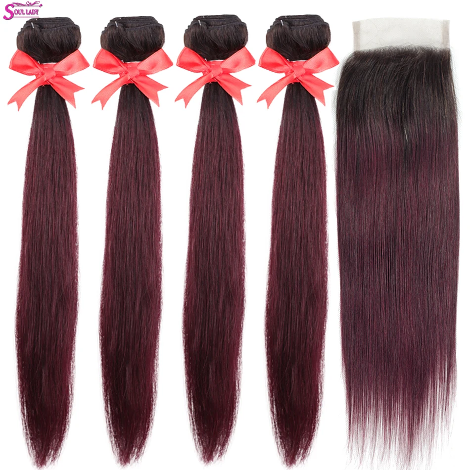 

1b/99j 4 Bundles Pre -Colored Peruvian Hair Bundles With Closure Non Remy Ombre Straight Human Hair Bundles With Lace Closure