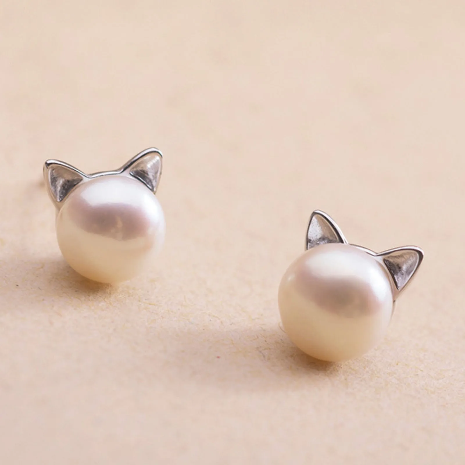 Simulated Pearl Stud Earrings Hollow out Rhinestone Cute Kitten Cat Ear Studs Female Minimalist Jewelry Gift | Украшения и