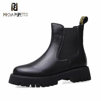 

Prova Perfetto Genuine Leather Ankle Boots Thick Bottom Round Toe Chunky Heel Black White Plush Ventilate Fashion Botas Feminina