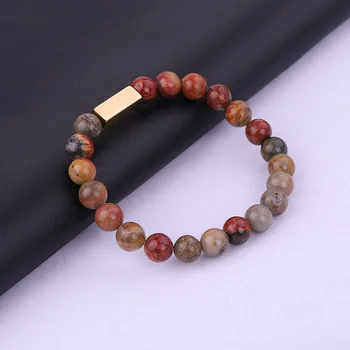 Fashion Men Women Jewelry Custom Logo Text Stainless Steel Bar Natural Stone Beaded Elastic Bracelet Women Men