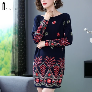 

ASLTW Long Sweater Dress New Causal Autumn and Winter Long Sleeve Pullover Print Leaf Knitwear Jumper Plus Size Sweater Women