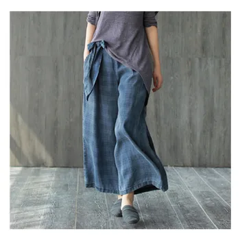 

2020 Flare Jeans Pants Spring New Retro Loose Literary Tencel Denim Belt Plaid Wide-leg Plus Size Women Elastic High Waist Pants