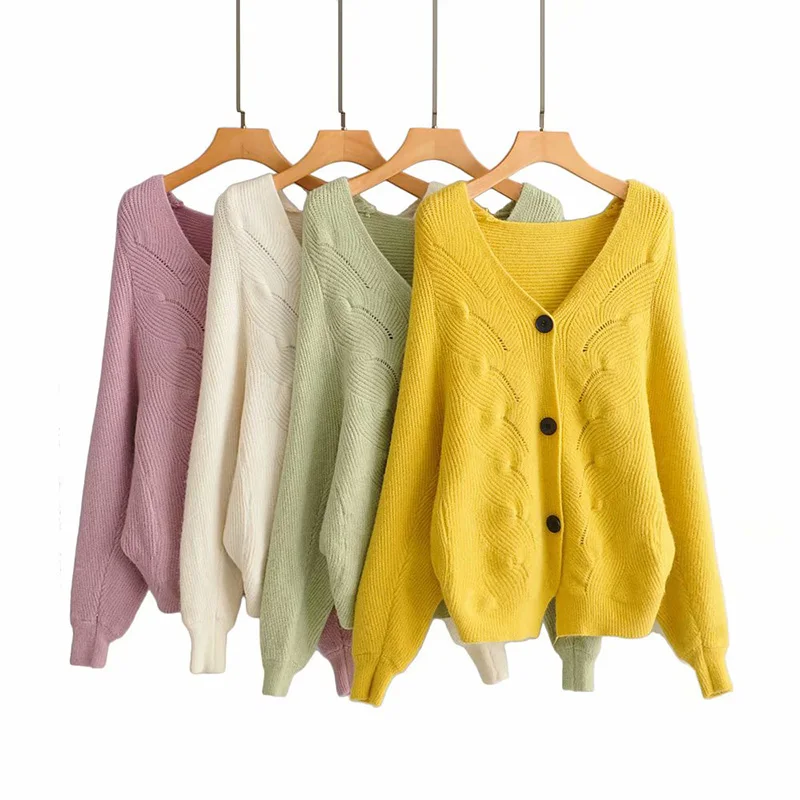

Knitted Cardigans Sweater Women's Full Puff Sleeve Autumn V-Neck Solid Sweater Casual Slim Long Sleeve Coat Cardigan Outwear