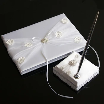 

White Colo Wedding Guestbook & Pen Set with Chic Ribbons Rhinestones Bow Flower