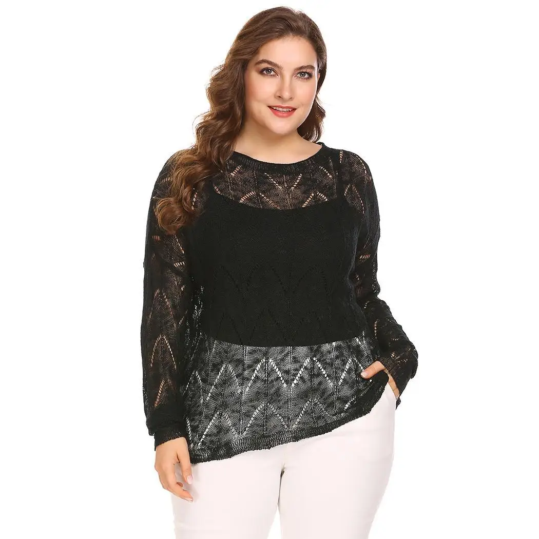 Women Plus Size Lace Sweater Hollow Out Round Neck Back Button Down Holes Casual Thin Oversize Slimming | Женская одежда