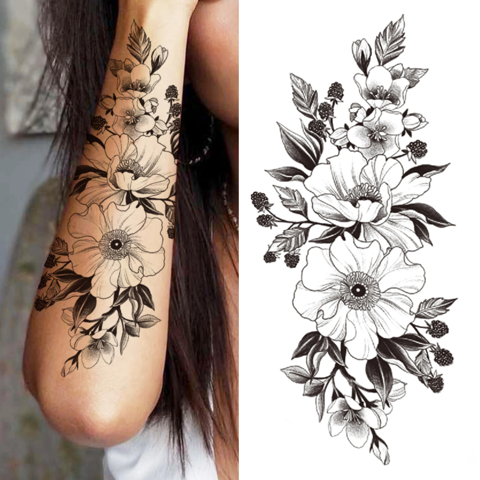 Tatouage Pivoine Noir Et Blanc Tatouage Temporaire Pour Femmes Et Filles, Autocollant De Fleur, Réaliste,  Fausse Pivoine, Rose, Fleur Noire, Sexy, Bras - Tatouages Éphémères -  AliExpress