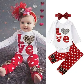 

0-24M Newborn Baby Girl Clothes 3pcs Set Polka Dot Love Heat Romper Tops Pants Headband Outfits Baby Girls Valentine'S Day Set