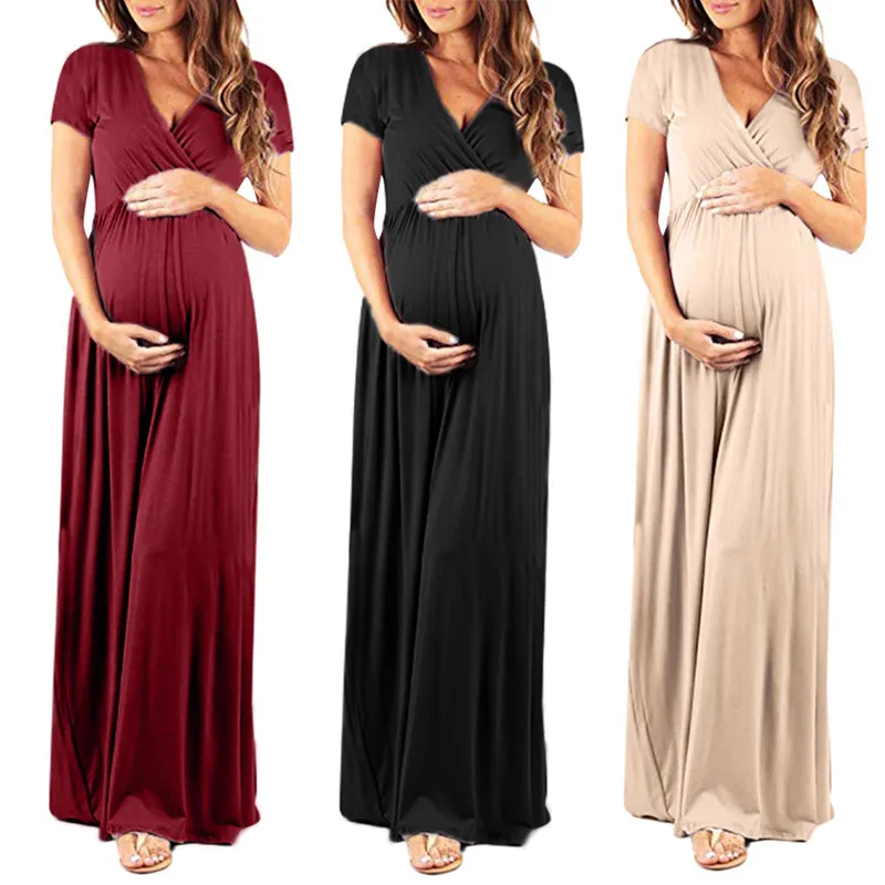 Dresses Maternity-Dress Summer Pregnant-Woman V-Neck Long-Style Elegant New Solid Qunq