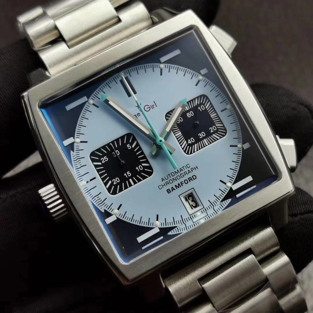 

Luxury Brand New Men Silver Black Blue Stainless Steel Bracelet Chronograph Gulf Racing Sapphire Special Edition Watch Square