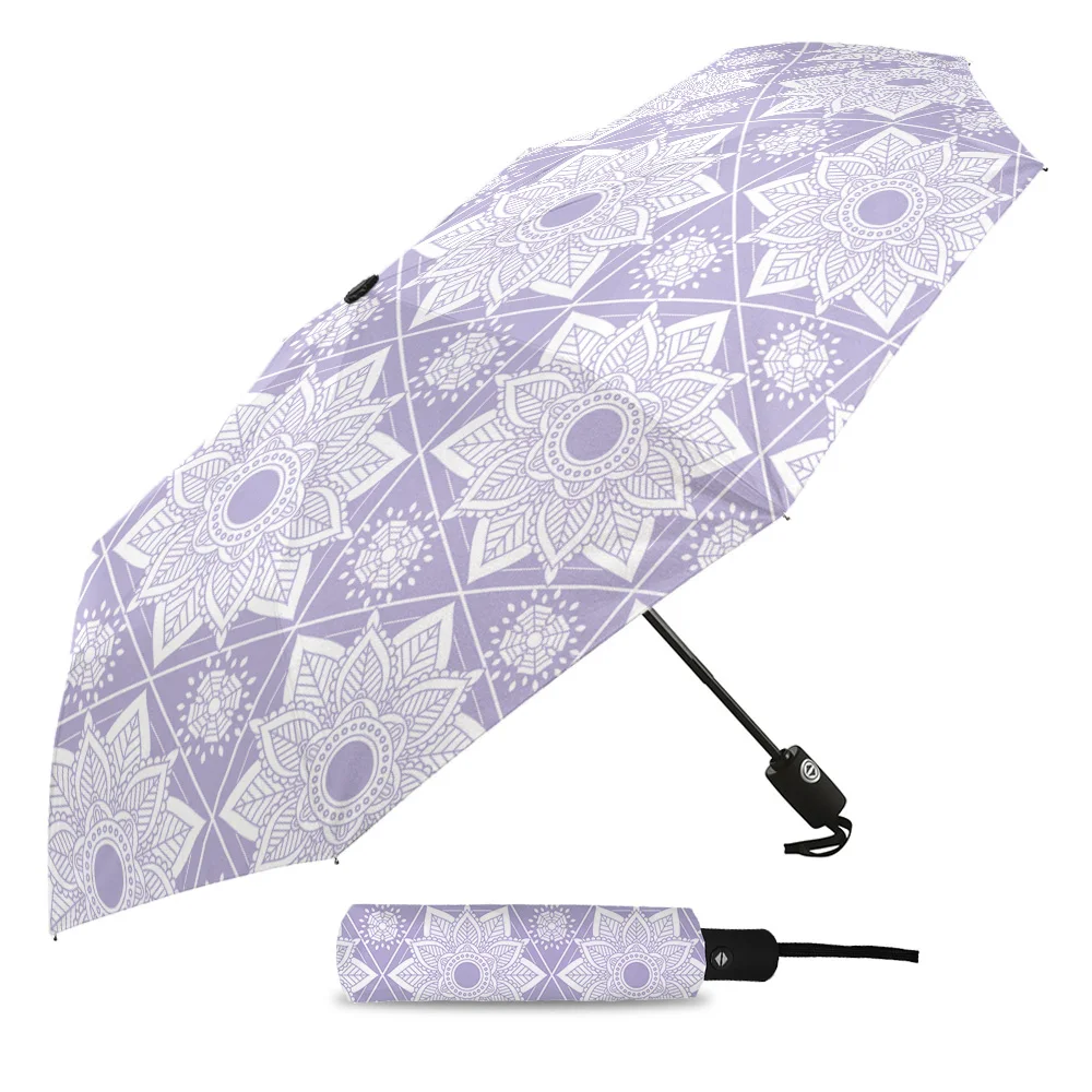 Lilac Mandala Pattern Three-folding Umbrella Wind Resistant Folding Fully-automatic Umbrella Sunny and Rainy Umbrella