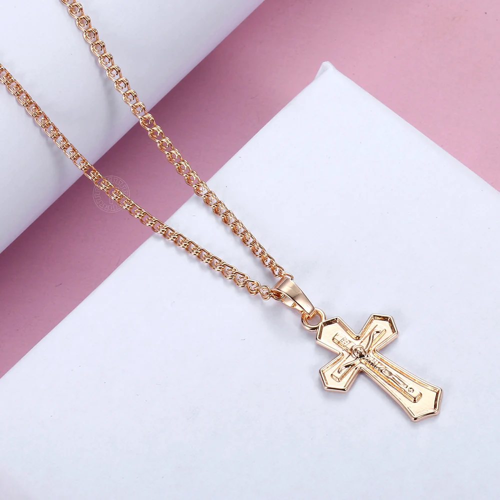 Cross Crucifix Clear Crystal Pendant Necklace for Men Women 585 Rose Gold Prayer Jesus Snail Link Chain Wholesale Jewelry GPM26