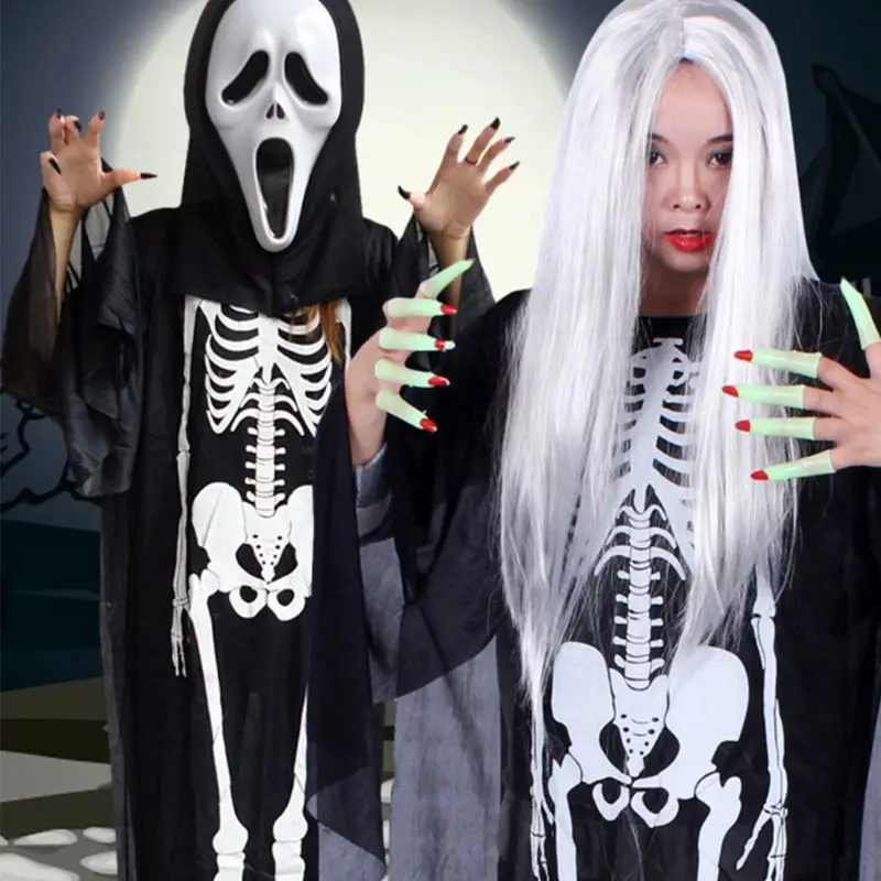 Adult Unisex Halloween Cosplay Costume Skeleton Demon Ghost Witch Cloak Mask Gloves Fake Nails Party Trick Props Accessories Set