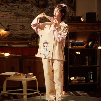 

2020 New Women Pajama Set Chinese Style Peking Opera Cute Comfortable Long Sleeves Homewear Large Size Cardigan Pajamas Set
