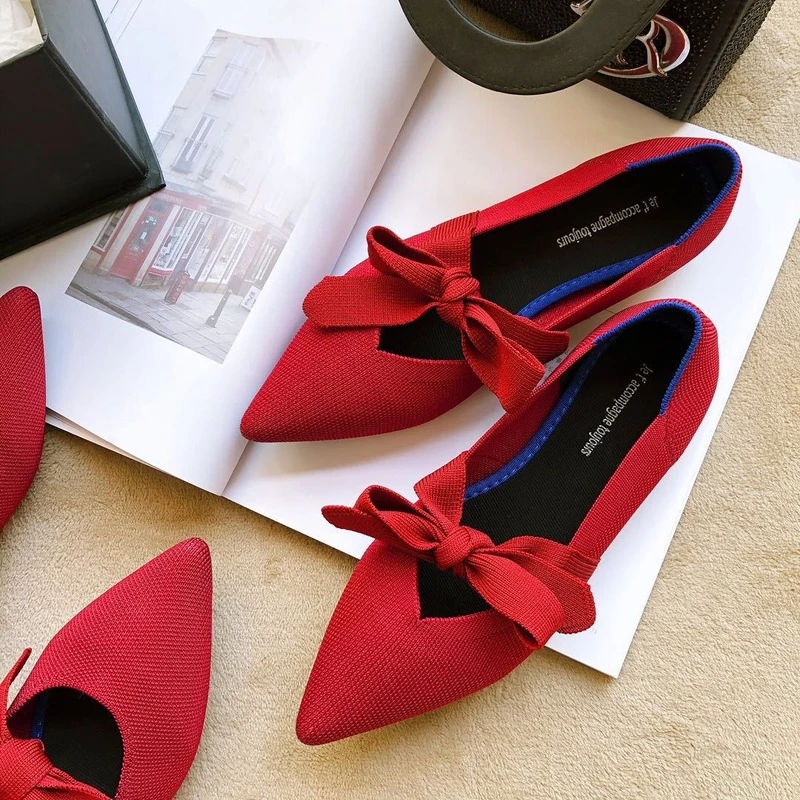 2021 Shallow Women's Flat Shoes Ballet Breathable Knit Zapatos De Pointed Bow Mary Jane Woman Shoes Pregnant Shoes Boat Shoes 68