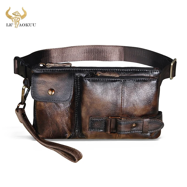 New Hot Sale Quality Leather men Fashion Travel Fanny Waist Belt Bag Chest Pack Sling Clutch Bag Design Phone Case Male 8135-d dark brown 2