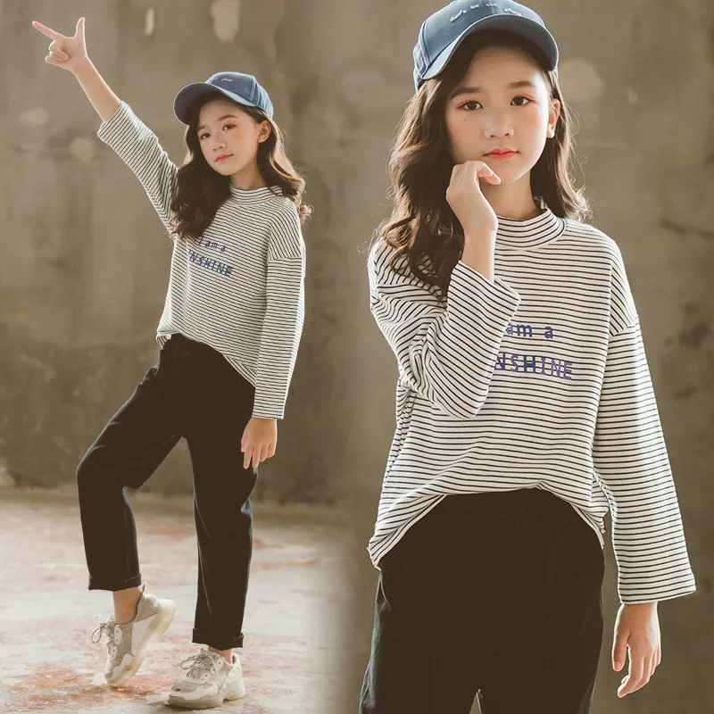 Повседневные футболки для девочек новые осенние мягкие удобные детские топы в полоску с длинными рукавами одежда для маленьких девочек Vestidos Для 6, 8, 10, 12 лет