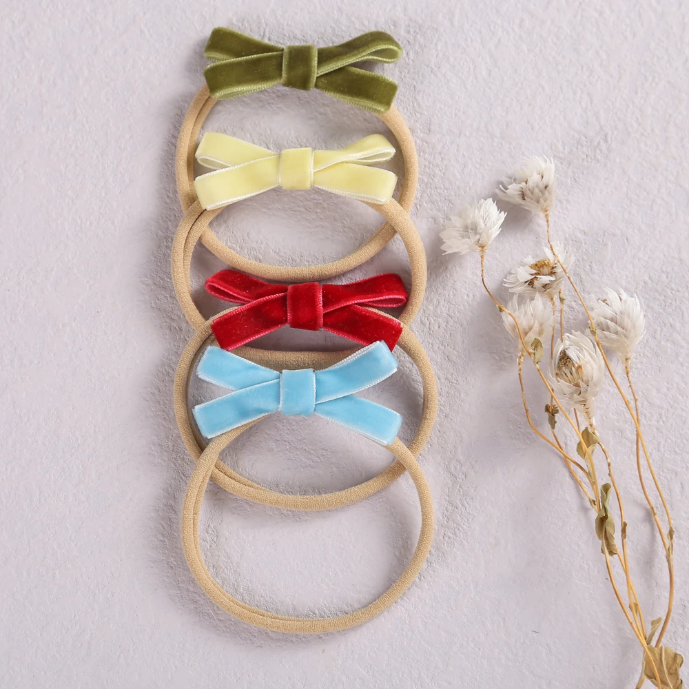 Vintage Small Velvet Bow Nylon Headbands For Girls Soft Baby Headband Elastic Hairbands Children Kids Hair Accessories | Детская одежда