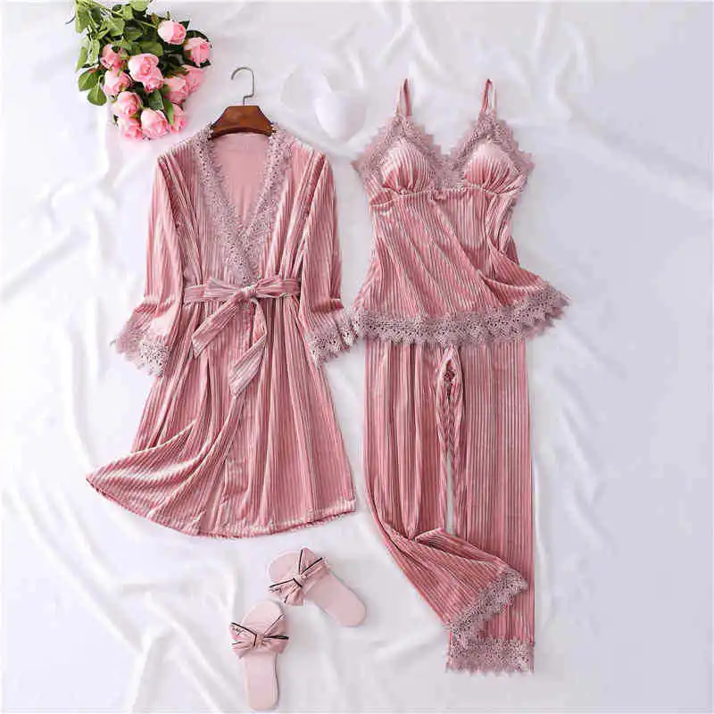 

Soft Velvet Women's Pyjamas Keep Warm in Winter Pajamas 3-piece Nightgown Sexy Lace Sleep Robe Bath Gown Pijama Suit Homewear