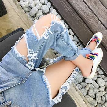

Summer Plus size Ripped Jeans Women's Loose Thin Jeans Women Pants Breeches Overalls Vintage Female Torn Trousers hip hop KZ95