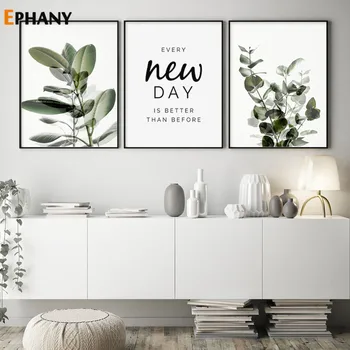 

Green Plant Leaves Poster Print Eucalyptus Wall Art Canvas Painting Picture for Living Room Optimistic Quote Home Decoration