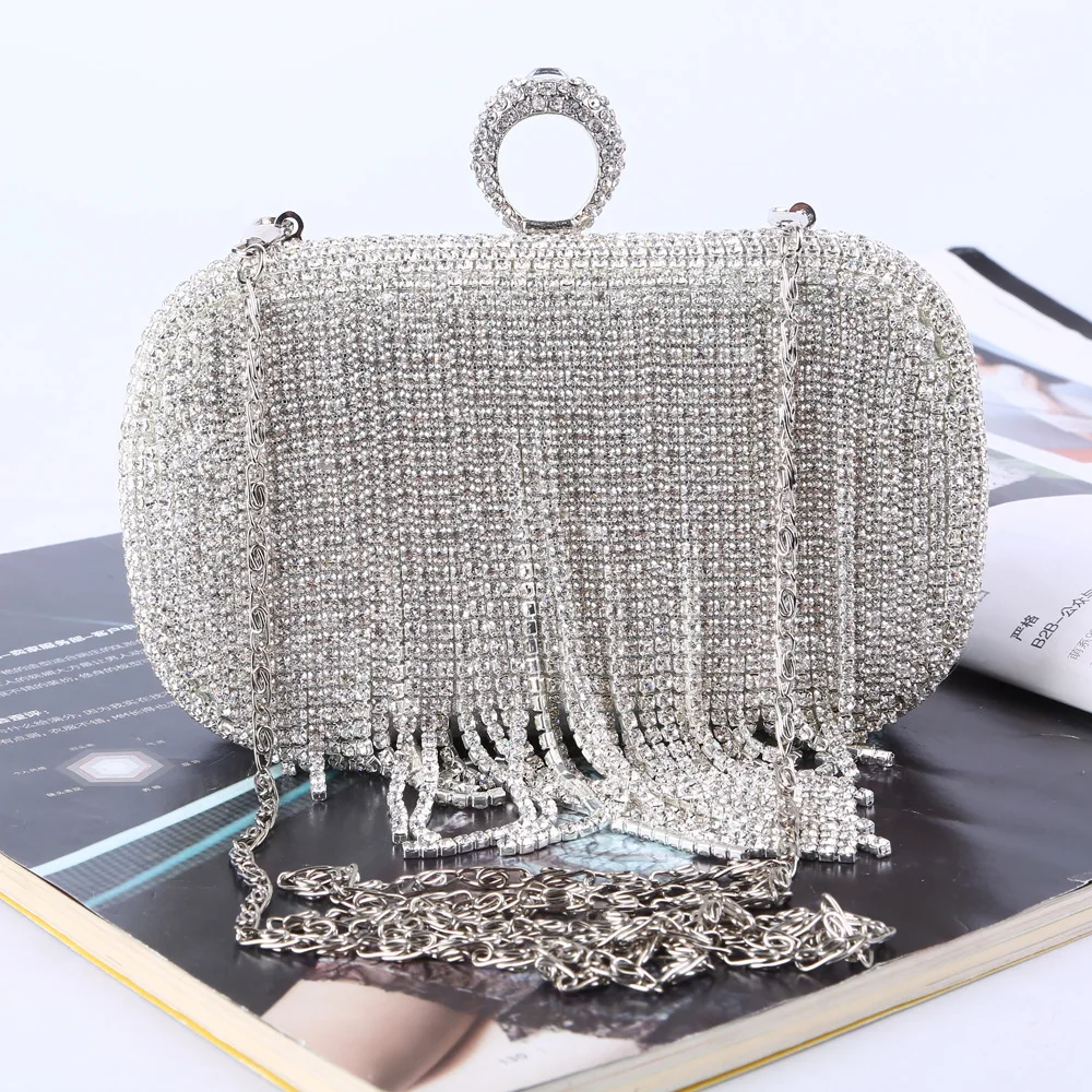 

Crystal Rhinestone Studded Diamond String Tassle Women Evening Bag Luxury Cluch Purse Fashion Handbag Party Banquet Dress Lady