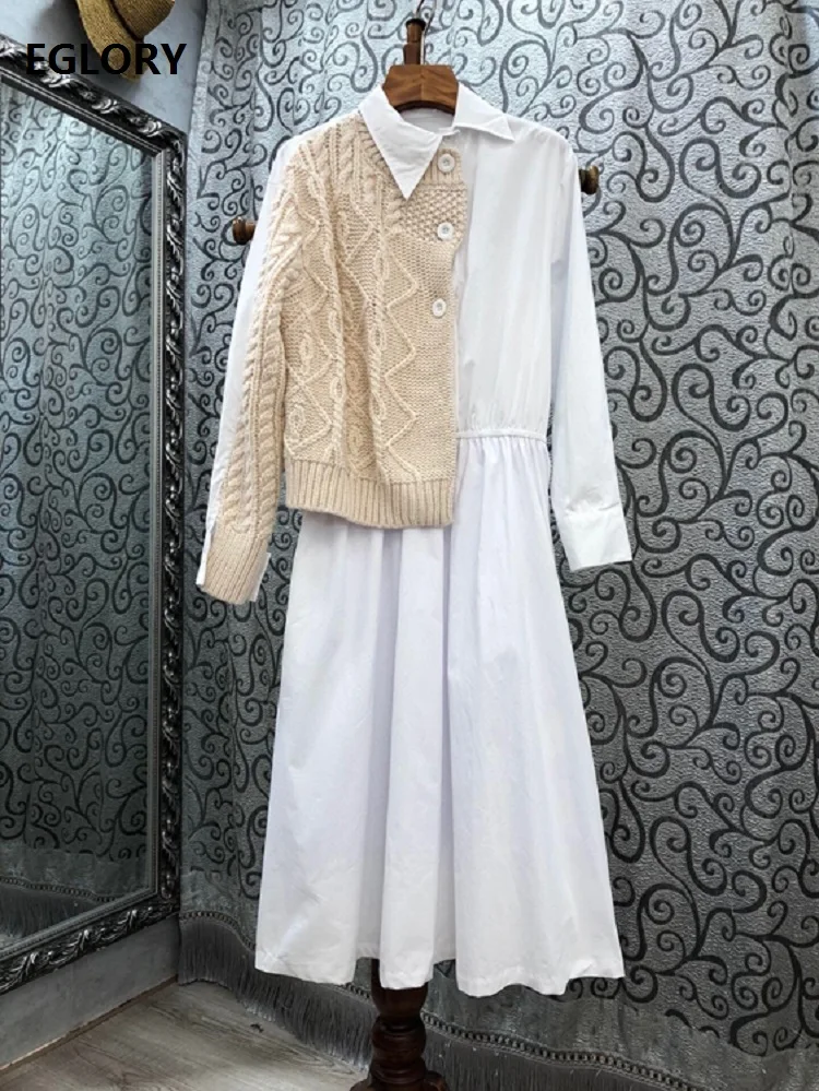 

100%Cotton Autumn Dress 2020 Fashion Designer Women Turn-down Collar Twist Knitting Patchwork Long Sleeve White Black Dress