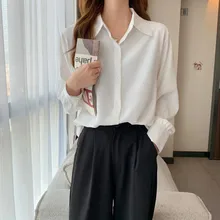 

Women's Oversize Shirt for Woman Vintage Button Up Solid Tops Long Sleeve Polo Neck Female Clothing 2022 Blusas De Mujer