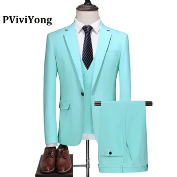 

PViviYong brand 2020 high quality suit men wedding Sky blue slim Business Suit Three-piece (Jackets + Vest + Pants) 6711