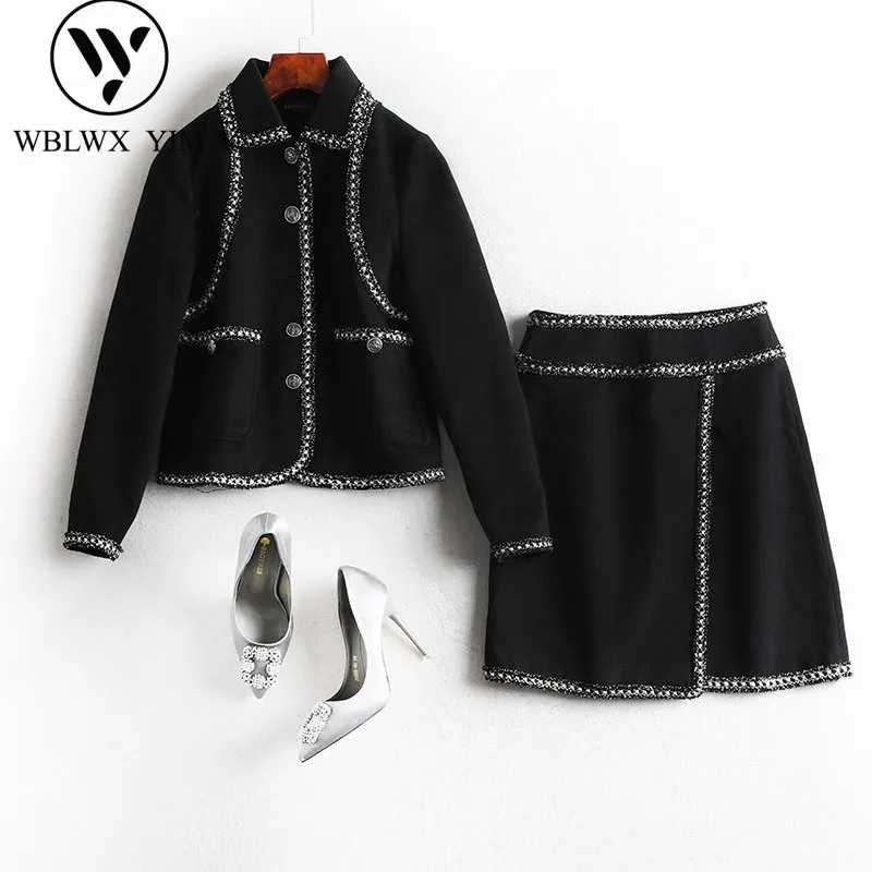

Elegant 2 piece set women Autumn Winter Fashion Single breasted wool jacket and wool skirt two piece set female High quality Set