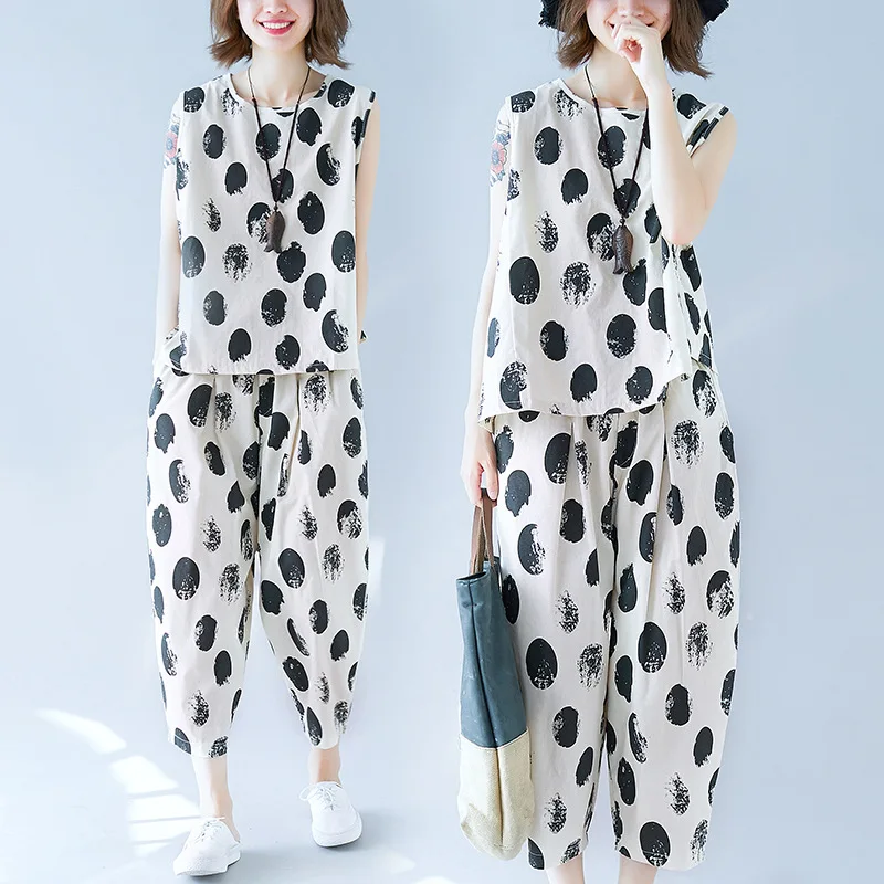 

Photo Shoot Summer New Style Milk Polka Dot Literature And Art Large Size Printed Dotted Cotton Linen Two-Piece Set