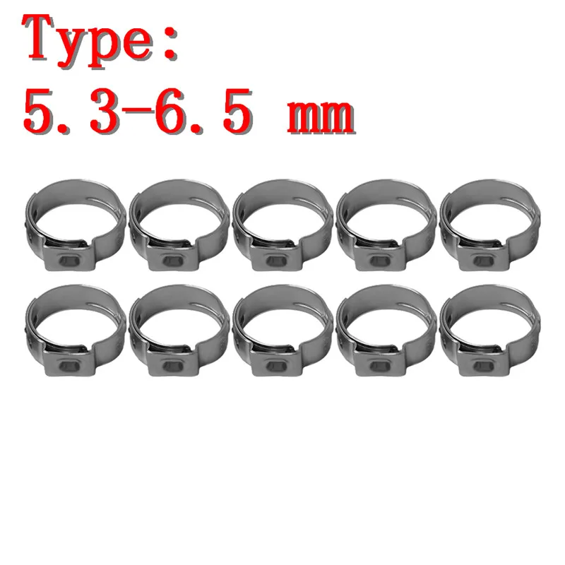 5.3-6.5 mm Хомут для шланга с одним ушком из нержавеющей стали, 10 шт., 5,3-14,5 мм, обжимной хомут для шланга, Ассортимент комплектов, бесступенчатые кольца для ушей, обжимные зажимные кольца - Цвет: 5.3-6.5 mm