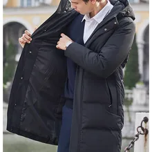 Высокое качество Мужская зимняя теплая Толстая куртка с капюшоном на утином пуху длинное пальто с подкладкой водонепроницаемая верхняя одежда черный серый