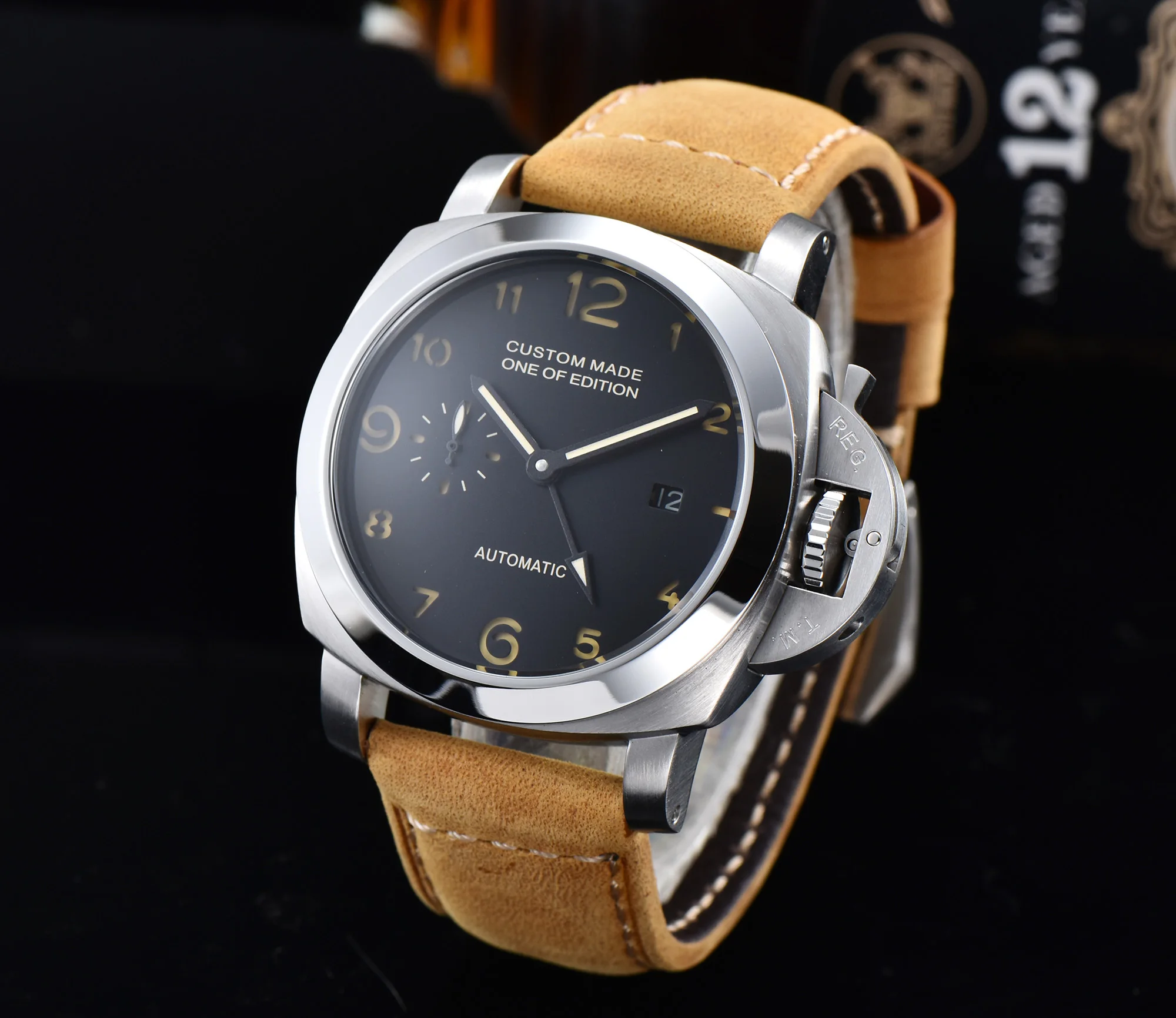 

Watch 44mm silver stainless steel case seagull automatic movement military leather strap date a3ab